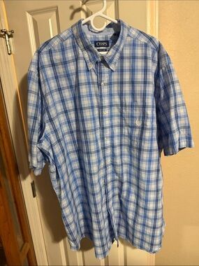 Chaps Light Blue and White Plaid Short-Sleeve Button-Down Shirt